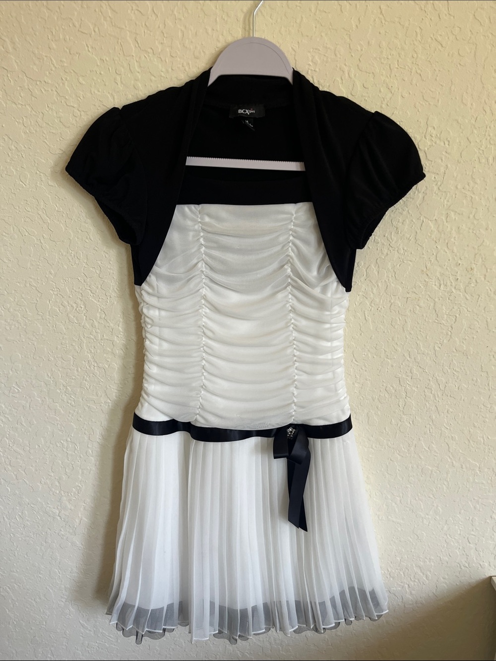 BCX Black and White Ruched Bodice Pleated Mini Dress with Bolero